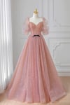 Lovely Pink Tulle Puffy Sleeevs Long Formal Dress, Pink A-line Evening Gown