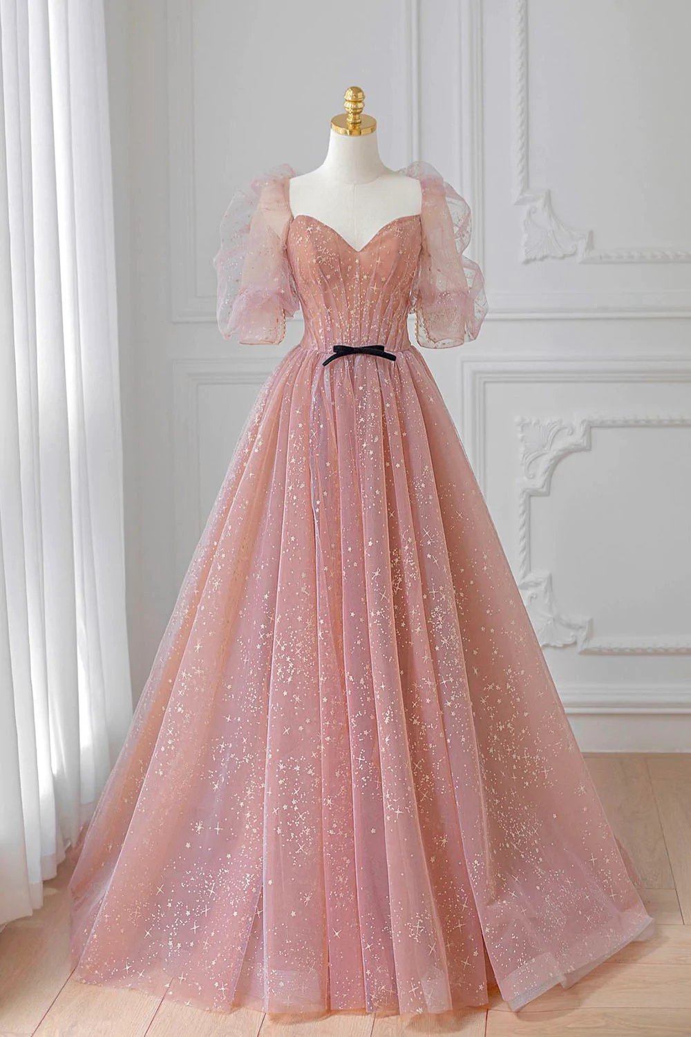 Lovely Pink Tulle Puffy Sleeevs Long Formal Dress, Pink A-line Evening Gown