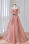 Lovely Pink Tulle Puffy Sleeevs Long Formal Dress, Pink A-line Evening Gown