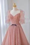 Lovely Pink Tulle Puffy Sleeevs Long Formal Dress, Pink A-line Evening Gown