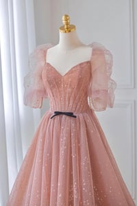 Image 2 of Lovely Pink Tulle Puffy Sleeevs Long Formal Dress, Pink A-line Evening Gown