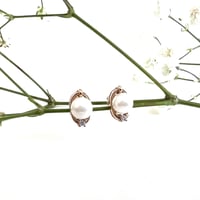 Image 1 of Vintage 14k Gold Pearl and Diamond Earrings