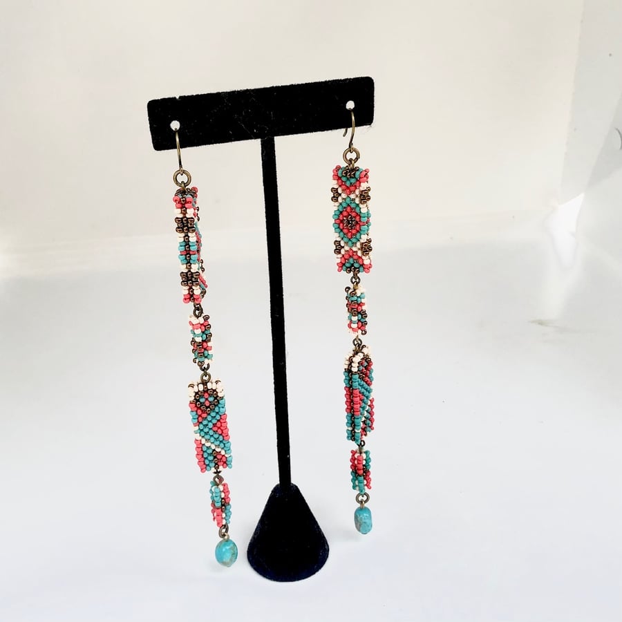 Image of Coral crush cascading beaded earrings w/ Kingman turquoise 