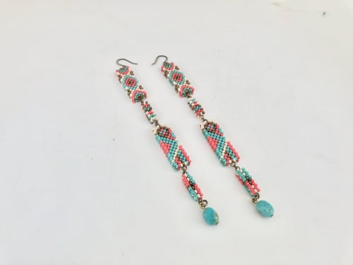 Image of Coral crush cascading beaded earrings w/ Kingman turquoise 