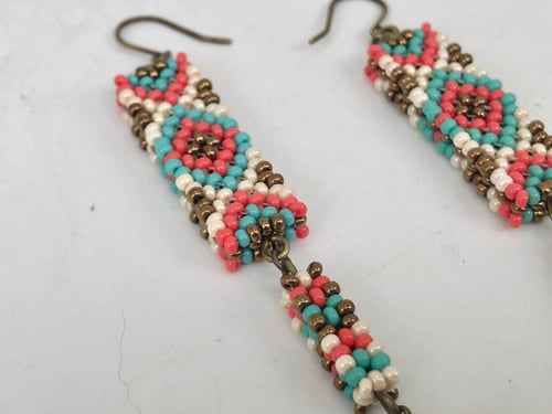 Image of Coral crush cascading beaded earrings w/ Kingman turquoise 