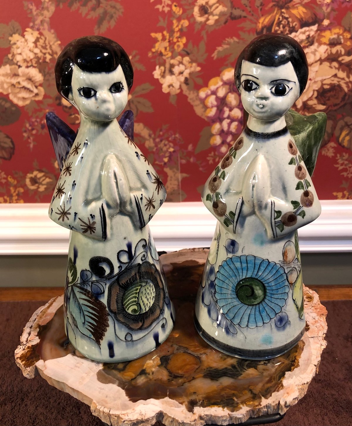 Image of Mexican Tonala Signed Praying Angel Candle Holder Figurine Pair