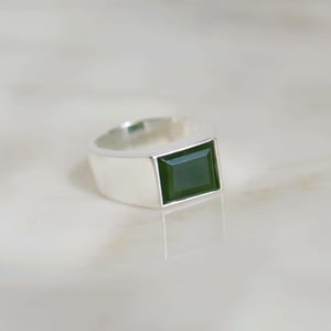 Image of Vietnam Green Jade rectangular cut wide band silver ring no.2