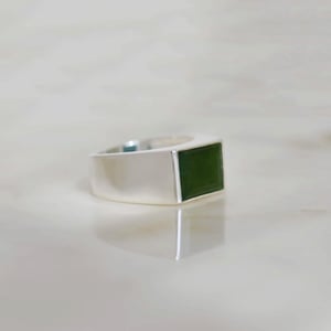 Image of Vietnam Green Jade rectangular cut wide band silver ring no.2