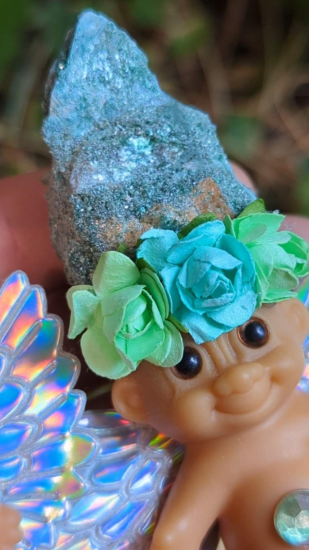 Glittery Fuchsite Crystal Troll Shorty with Aura Wings and Flower Crown 3.5"