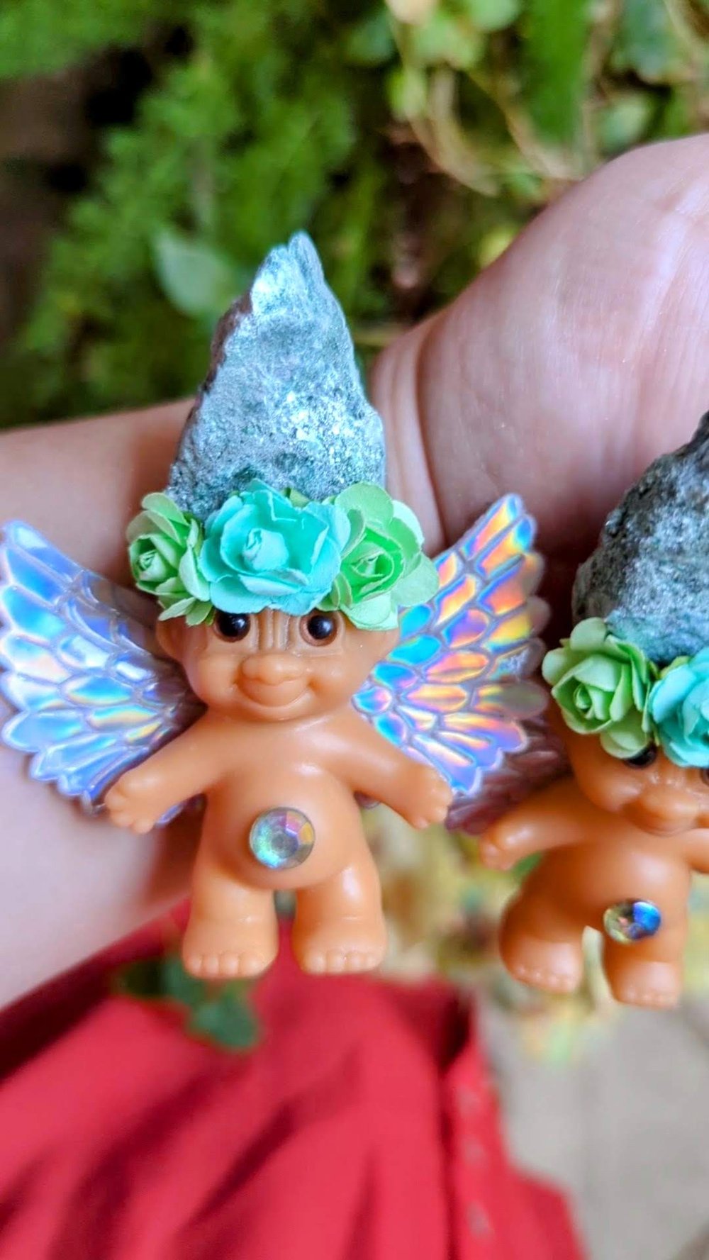 Glittery Fuchsite Crystal Troll Shorty with Aura Wings and Flower Crown 3.5"