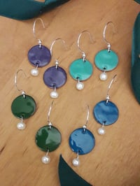Image 1 of Enameled Penny Earrings with Freshwater Pearl Drop 3XJ