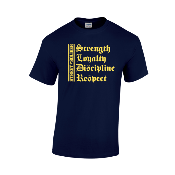 Image of STRENGTH LOYALTY DISCIPLINE RESPECT T-SHIRT IN NAVY WITH YELLOW LOGO