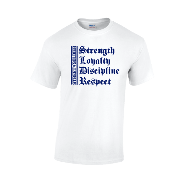 Image of STRENGTH LOYALTY DISCIPLINE RESPECT T-SHIRT IN WHITE WITH BLUE LOGO
