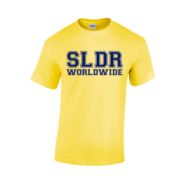 Image of SLDR WORLDWIDE T-SHIRT IN DAISY YELLOW WITH NAVY LOGO