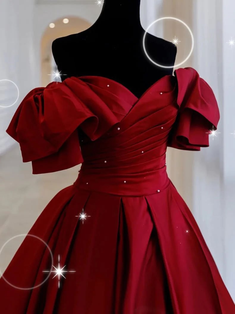 Wine Red Satin Beaded Long Party Dress with Bow, Wine Red Formal Dress