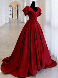 Image 1 of Wine Red Satin Beaded Long Party Dress with Bow, Wine Red Formal Dress