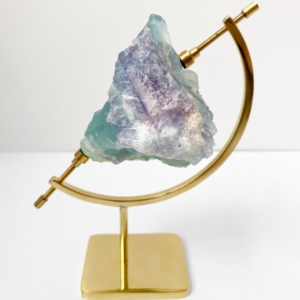 Image of Tricolor Fluorite no.21 + Brass Arc Stand