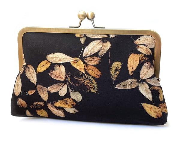 Image of Lochan leaf, printed silk clutch bag + chain handle