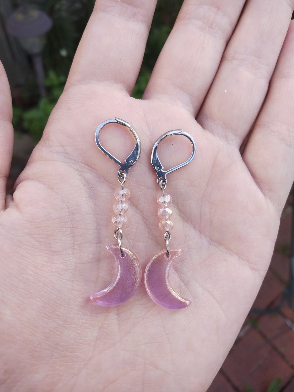 Iridescent sparkly pink moon earrings