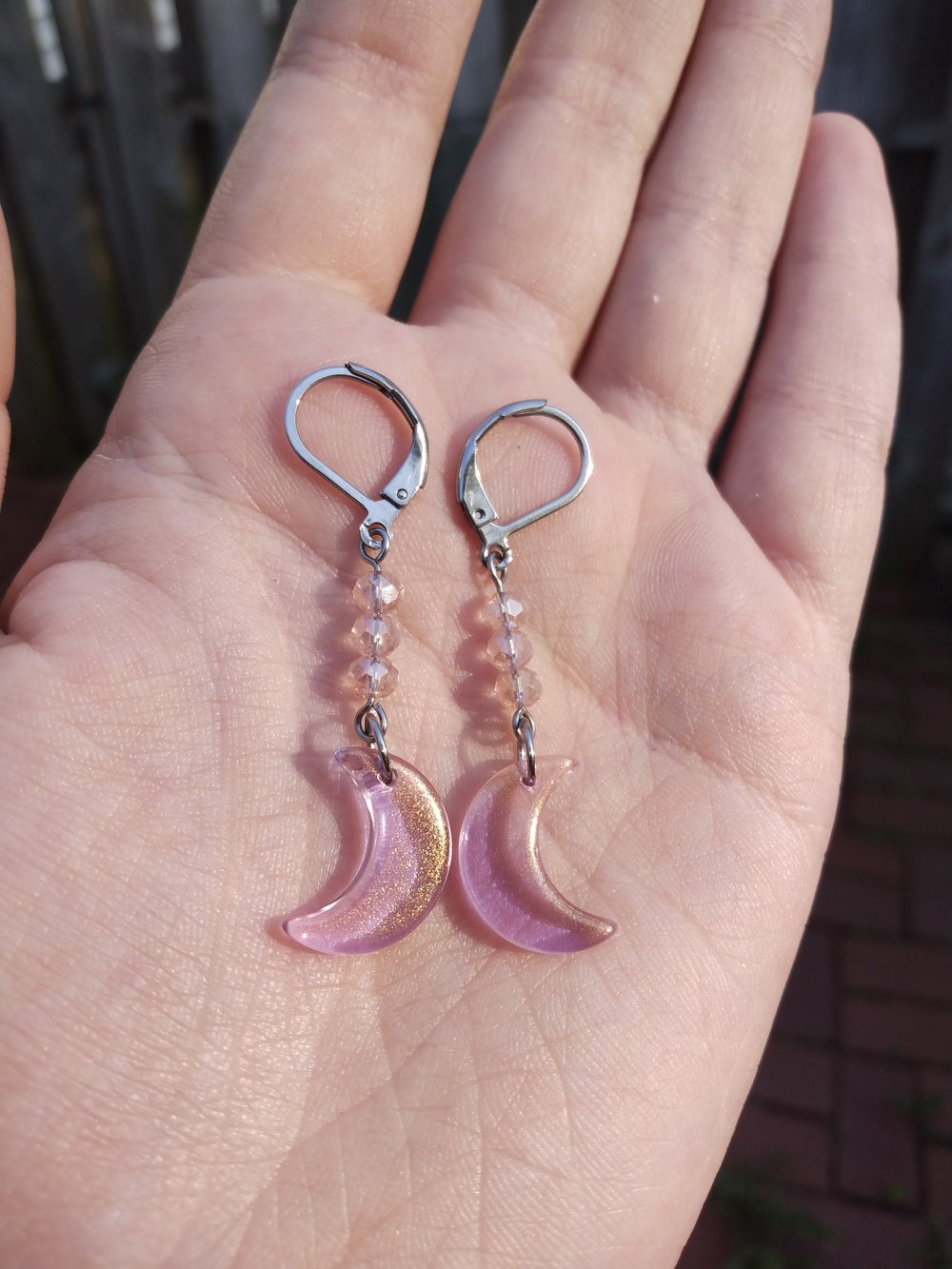 Iridescent sparkly pink moon earrings