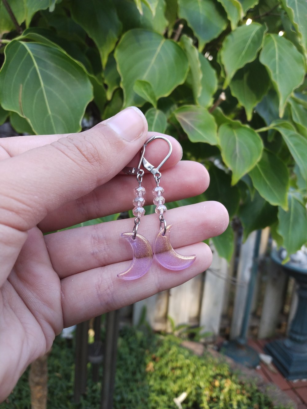 Iridescent sparkly pink moon earrings