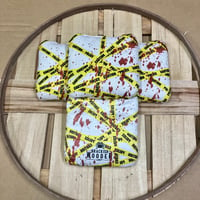 Image 1 of Police Crime Scene Caution Tape Cornhole Bags - Blood Spatter - White