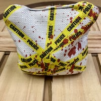 Image 2 of Police Crime Scene Caution Tape Cornhole Bags - Blood Spatter - White