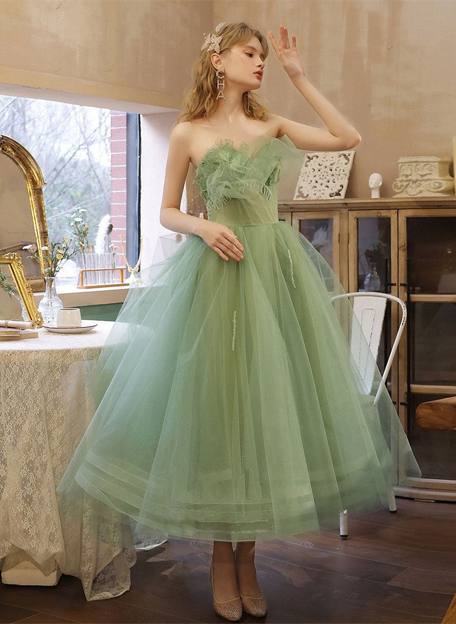 Green Off Shoulder Tulle with Lace Party Dress, Green Evening Dress