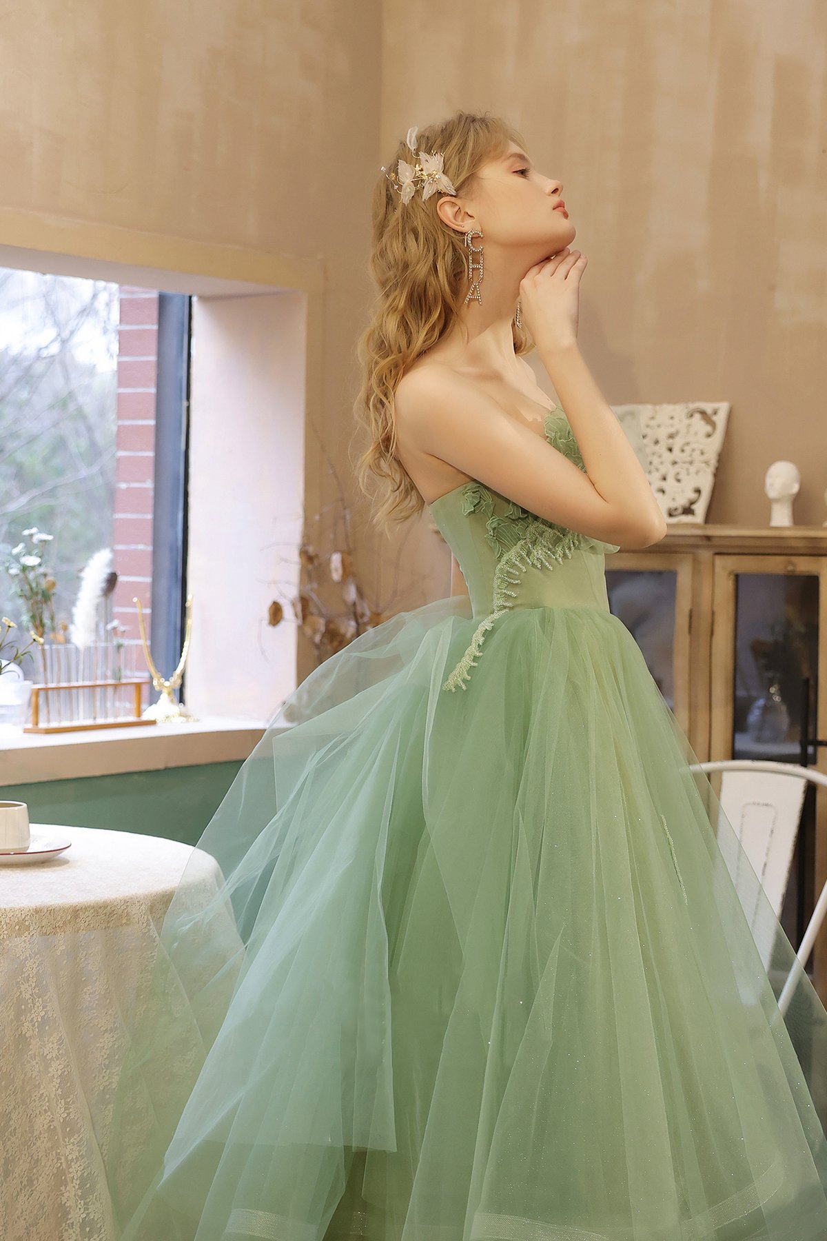 Green Off Shoulder Tulle with Lace Party Dress, Green Evening Dress