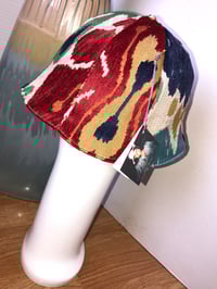 Image 2 of H.O.D. Bucket Hat Multi Color Velvet Ikat Fabric W/Reversible Stone Wash Denim Side 