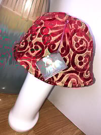 Image 2 of H.O.D. Bucket Hat Red Moroccan Velvet Mixed Linen W/Reverse Side Bleached Denim Panels