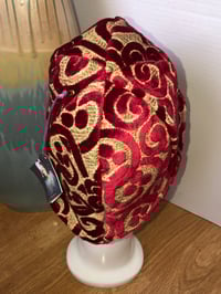 Image 3 of H.O.D. Bucket Hat Red Moroccan Velvet Mixed Linen W/Reverse Side Bleached Denim Panels
