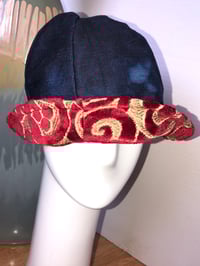 Image 4 of H.O.D. Bucket Hat Red Moroccan Velvet Mixed Linen W/Reverse Side Bleached Denim Panels