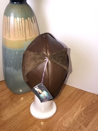 Image 3 of H.O.D. Bucket Hat Chocolate Butter Leather Crown W/Reversible Leaf Print Cotton Fabric Side