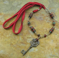 Image 1 of Red Silk & Pewter Skeleton Key Necklace