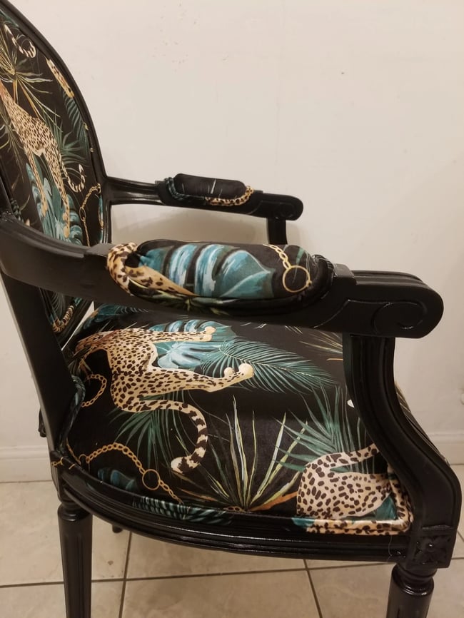 Large Antique Louis XVI Cheetah Print Black Chair