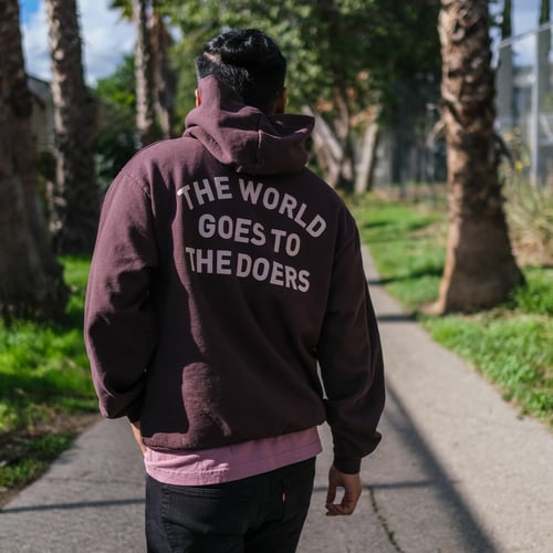 Image of The World Goes to the Doers Hoodie (Chocolate)