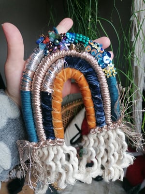 Beaded macrame rainbow , teal and mustard 