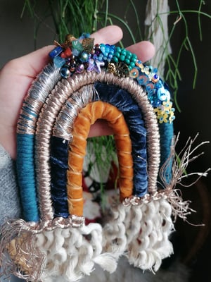 Beaded macrame rainbow , teal and mustard 