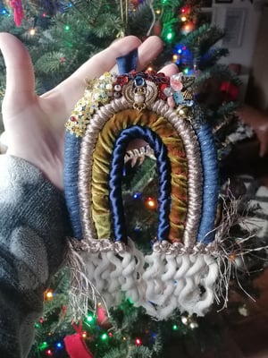 Beaded macrame rainbow , navy and mustard silk 