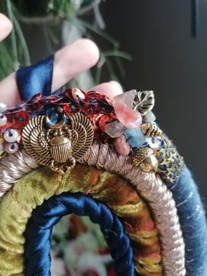 Beaded macrame rainbow , navy and mustard silk 