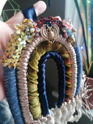 Beaded macrame rainbow , navy and mustard silk 