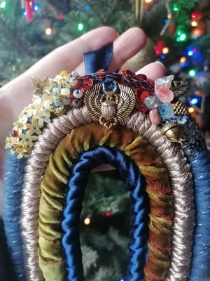 Beaded macrame rainbow , navy and mustard silk 