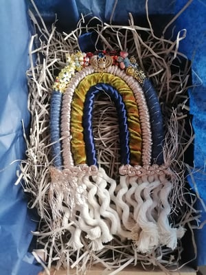 Beaded macrame rainbow , navy and mustard silk 