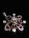 VICTORIAN 18CT 18K  FRENCH NATURAL PEARL  RUBY ROSE CUT DIAMOND PENDANT