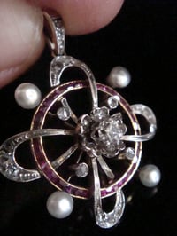 Image 2 of VICTORIAN 18CT 18K  FRENCH NATURAL PEARL  RUBY ROSE CUT DIAMOND PENDANT