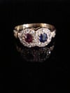 EDWARDIAN 18CT YELLOW GOLD SAPPHIRE RUBY OLD CUT DIAMOND TOI ET MOI CLUSTER