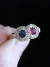 EDWARDIAN 18CT YELLOW GOLD SAPPHIRE RUBY OLD CUT DIAMOND TOI ET MOI CLUSTER