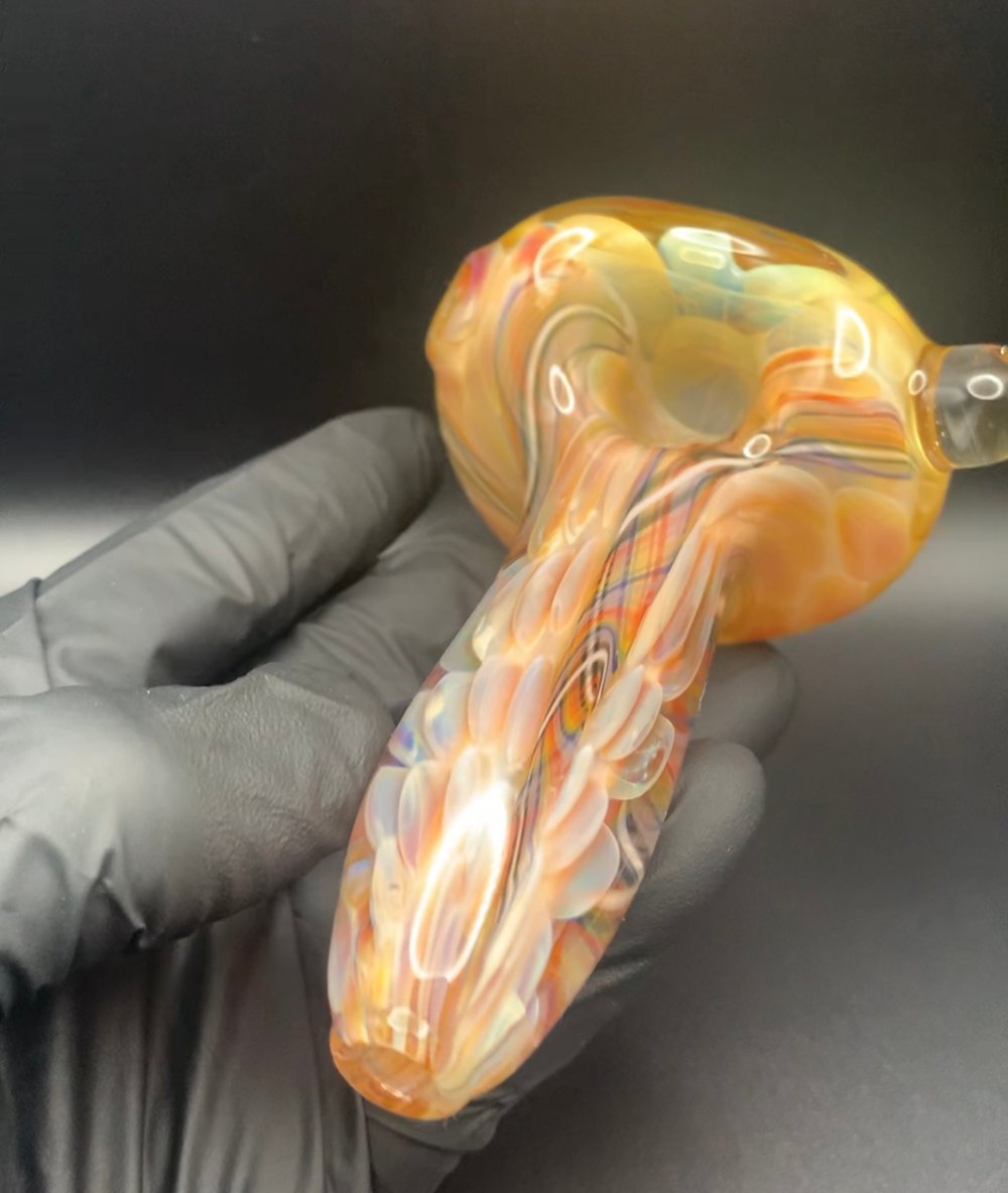 Inside Out Pipe w/ Rainbow Cane Amber Purple Gold and Silver Fume
