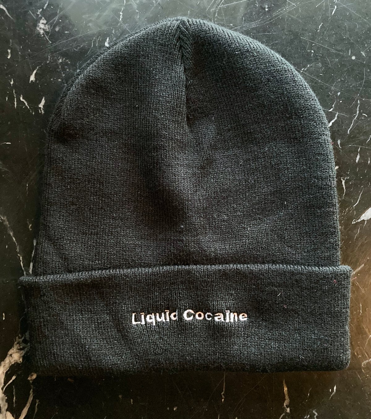 Image of Liquid Cocaine "Line" white on black Support Beanie